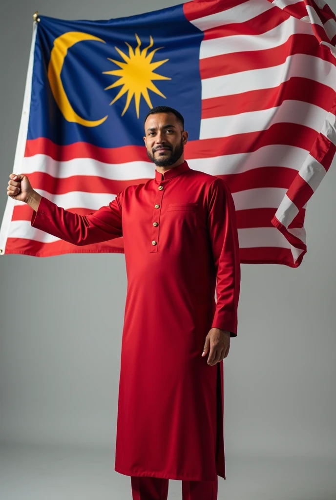 a malay man dressed in red and holding a perfect malaysian flag without any tears and an inverted star moon