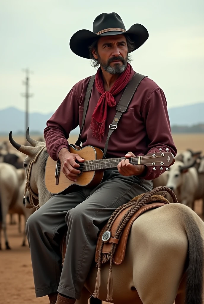 Typical Brazilian from the first half of the 20th century,drover riding a pack mule with saddlebags,playing white nelore cattle, wearing black curved wide brim hat, red silk scarf knotted around the neck, wine colored shirt, guaiaca with paired knife from Sorocaba, handmade wooden handle, playing loud, wearing gray wide-leg pants,brown russilhona ankle boot.