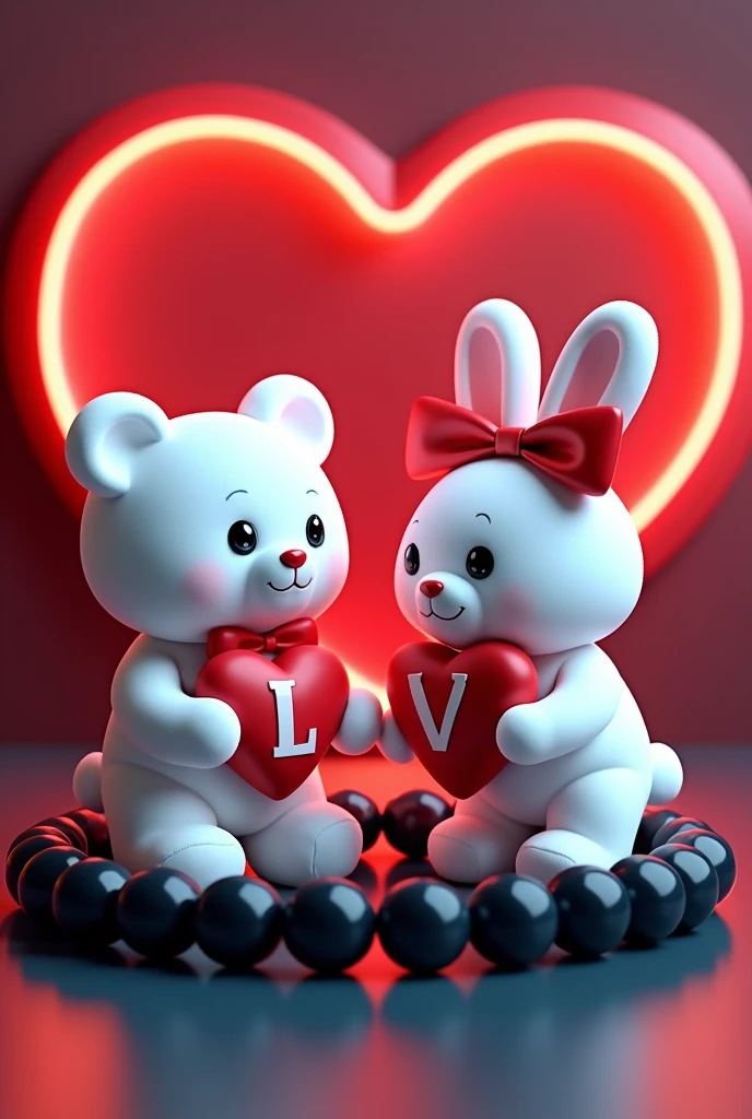 A 3D render of a white teddy bear and a white bunny rabbit wearing a red bow holding red hearts capital alphabets "N" and "Z" written on hearts, are standing in a black beaded bracelet. The bracelet is sitting on a dark red and blue surface with a neon red heart shape in the background. The image is in the style of a cute cartoon.
