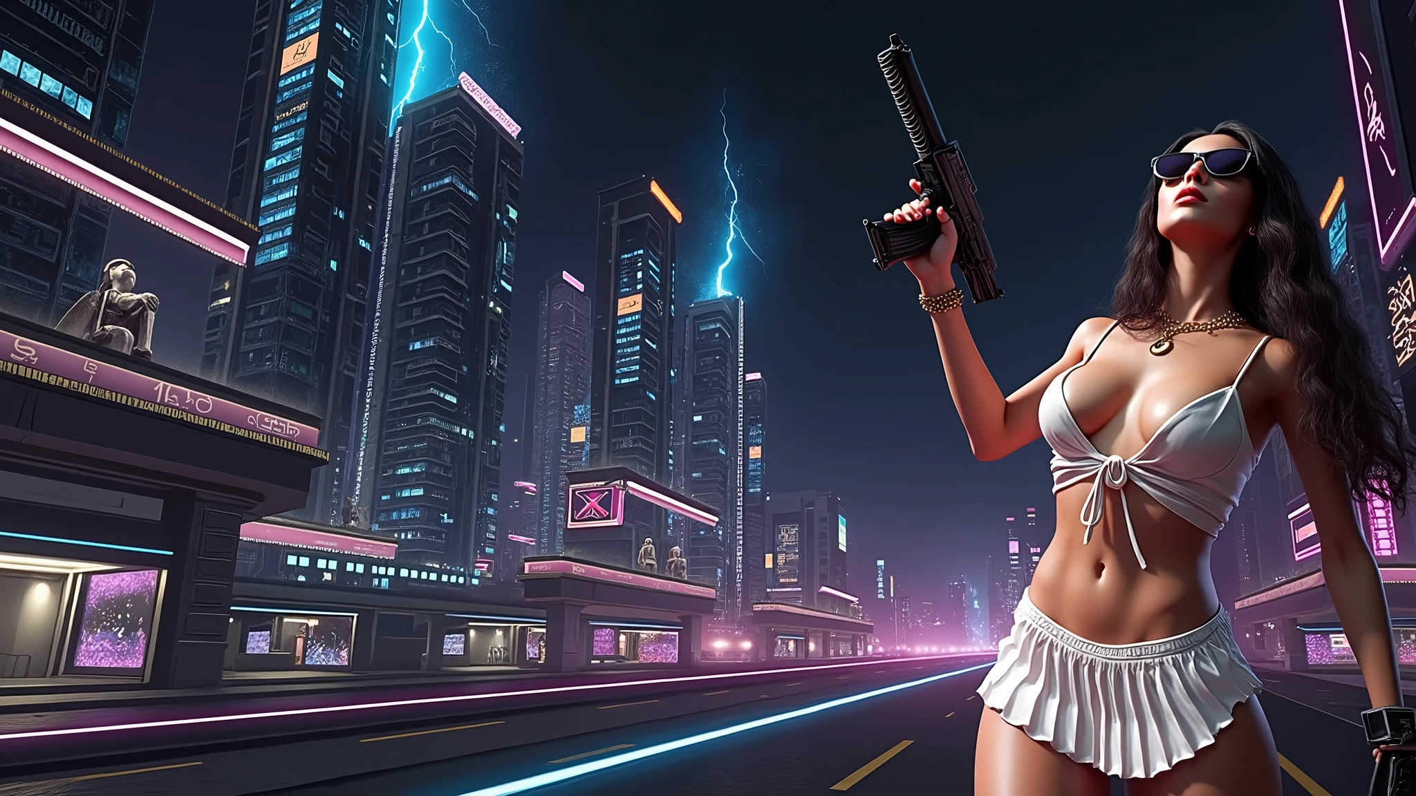 Futuristic cityscapes with colorful all-glass outlined towering skyscrapers with lightning, flying vehicle. High-resolution OLED GUI interfaces in the building, The windows are filled with transparent data visualization infographics that show it all, ancient Egyptian fantasy arts, ancient Egyptian statue, (ancient Egyptian hieroglyphics), sphinx, pyramid. Colors are saturated and vibrant. At night, (1girl, solo, alone), photorealistic, large-breast slim:0.6 body, oval:0.5 face, cleavage:1.1, very low angle view of pleated miniskirt, deep-v, (upskirt), glove, (Matrix style black micro sunglasses), (aiming viewer with a short gun), dynamic running pose, (half-body thigh level close-up shot), cinematic lighting, ray tracing, motion blur background.