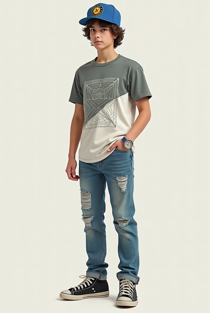 Design a casual outfit: a collar t-shirt with a geometric pattern, distressed denim jeans, a snapback cap with a band logo, and a neutral color palette.