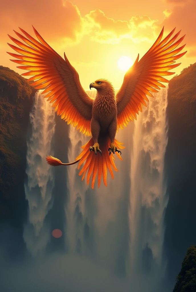 Griffin (lion body: 1.1 , Eagle head 1.1) Over a Waterfall at Sunrise: A griffin with radiant orange and yellow plumage glides gracefully over a massive waterfall, with sunlight breaking through the mist in a burst of vibrant colors—reds, oranges, and yellows—illuminating the entire scene.