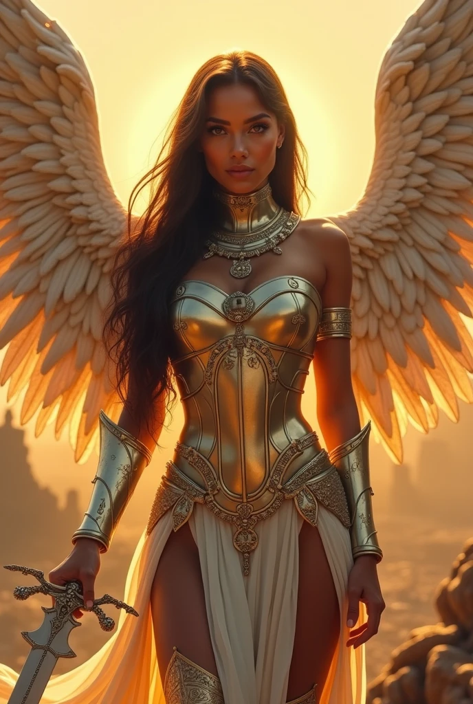 Full-length portrait of a stunning woman standing in front of the camera with complete confidence. She has long dark brown hair that cascades down her back and her large honey-colored eyes shine brightly. She wears a majestic, intricately designed suit of armor resembling that of an archangel, leaving her shoulders and arms bare, revealing her clear, flawless skin. The armor shines with a heavenly light and on her chest are inscribed the Greek letters Alpha (Α), Omega (Ω) and the symbol for infinity (∞).
In her right hand, she holds a scythe with a blade so sharp and radiant that it shines like the sun itself. In her left hand, she carries an hourglass, the sand within it flowing gracefully. Behind her, a surreal, dreamlike city rises, its architecture defying the laws of reality, with towers and structures that seem both ancient and futuristic. In front of her lies a vast sunlit valley, bathed in a golden light, symbolizing hope and the passing of time. The overall atmosphere is both powerful and ethereal, mixing elements of fantasy and surrealism.