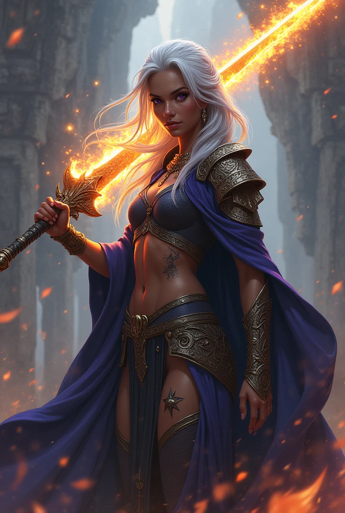 Young dark skinned woman with neck length white hair, with scars all over his body using a long sword of fire. purple eyes, wearing a cloak