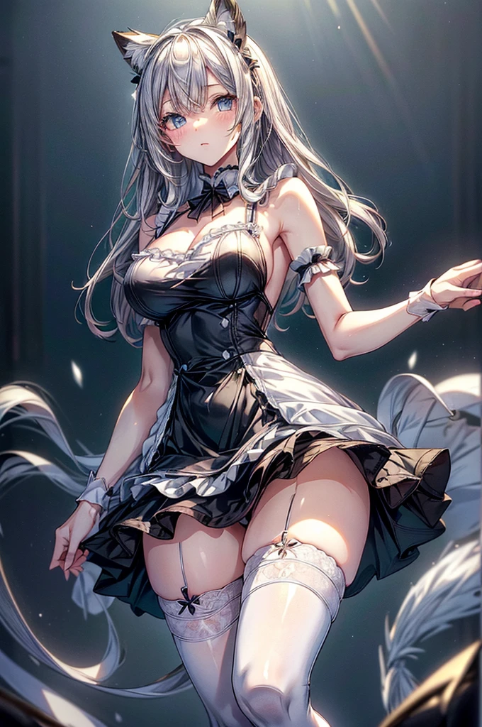 masterpiece, highest quality, highest resolution, clear_image, detailed details, White hair, long hair, cat ears, 1 girl, red eyes, white lab coat (with a black short skirt), white pantyhose, white scarf (around the neck), gray futuristic halo, cute, full body, no water marks, laboratory, no extra limps, no extra body