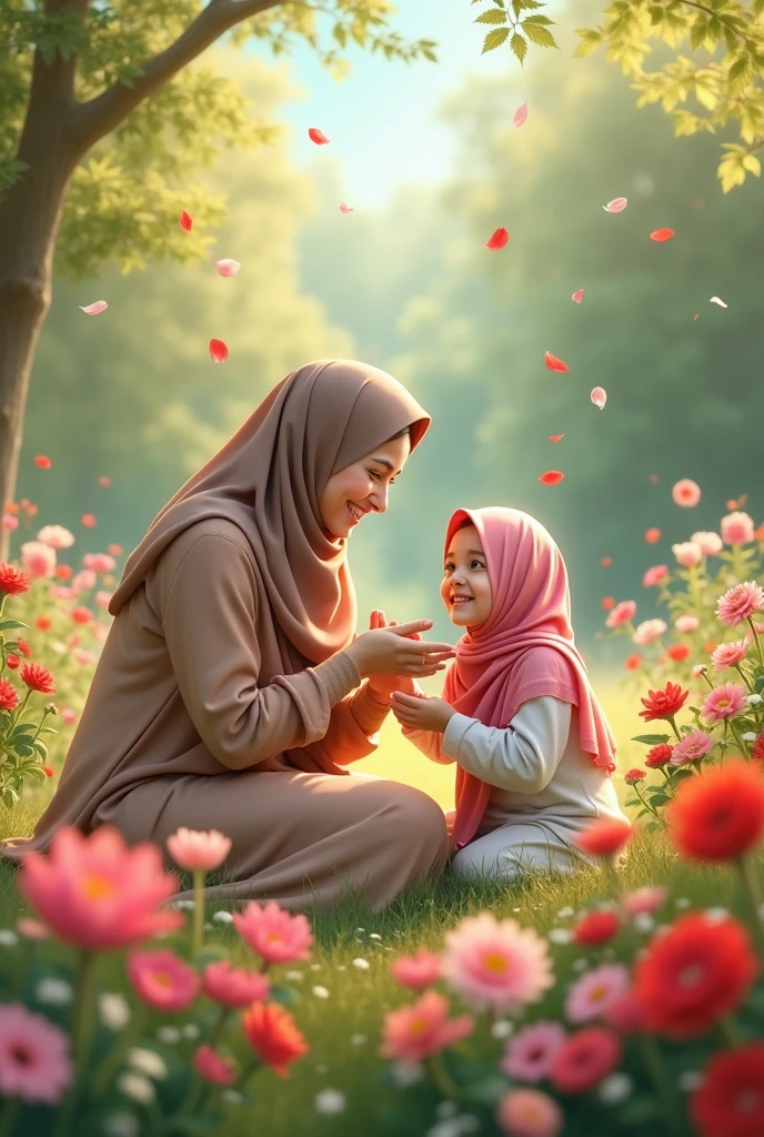 a mother and ***** wearing a hijab are playing in a flower garden