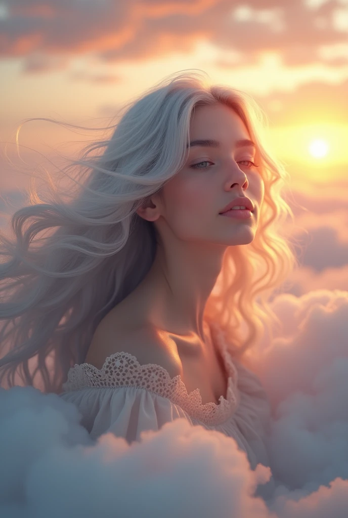 Beautiful woman　Grey long hair　Floating above the clouds at sunset　Smiling