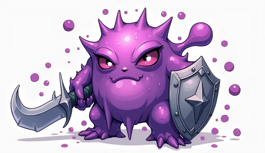((Highest quality)), ((masterpiece)), (detailed),A gel-like, disintegrating creature、Purple、Holding a metal hero&#39;s shield in one hand and a metal hero&#39;s sword in the other、Her face is cute、One person、Gender: Male、Anime Style、Hand-drawn drawing、Facing forward、mad look