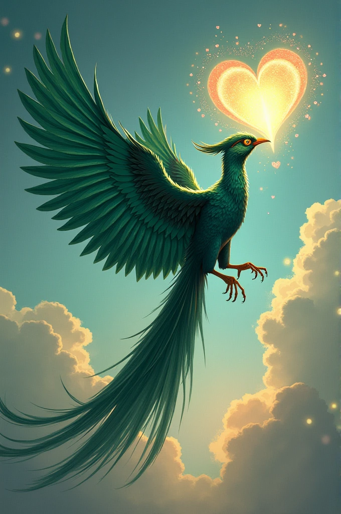 create an image of a quetzal, that rescues a heart that falls from the sky