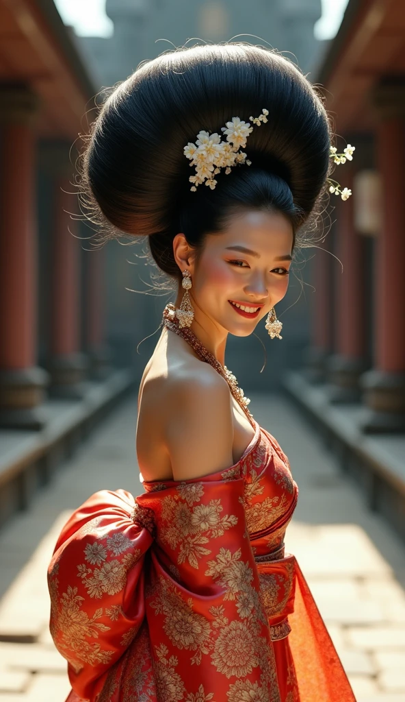  Masterpiece, Best Quality, High Resolution, High Details, Super Detailed, High Quality, Textured Skin, UHD,  full body of Japanese wedding woman in  kebaya dress traditional and batik skirt, looking at viewer, jewelry on hair, tiny strain white jasmine hair ornaments,  ,((full body shot)),from head to toe,with a very big hair bun, ((the size of her bun is 8 times the size of her head)),very big very big hair bun traditional Javanese hair bun,(circle bun),shiny black hair,,laugh, ((looking back over shoulder ))Ultra-Wide Angle,on  Javanese temple