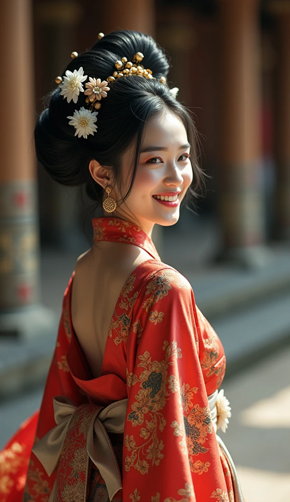   Masterpiece, Best Quality, High Resolution, High Details, Super Detailed, High Quality, Textured Skin, UHD,  full body of Japanese wedding woman in  kebaya dress traditional and batik skirt, looking at viewer, jewelry on hair, tiny strain white jasmine hair ornaments,  ,((full body shot)),from head to toe,with a very big hair bun, ((the size of her bun is 8 times the size of her head)),very big very big hair bun traditional Javanese hair bun,(circle bun),shiny black hair,,laugh, ((looking back over shoulder ))Ultra-Wide Angle,on  Javanese temple