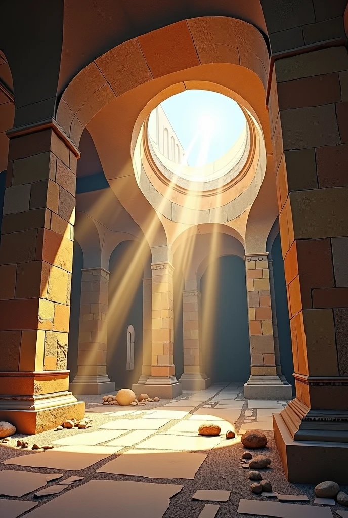 One point perspective drawing of looking up from a tomb. A whole in the ceiling, from where ray of sun is coming down