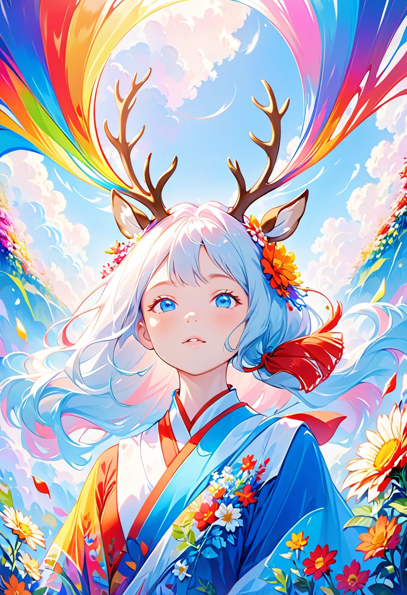 (psychedelic art:1.5), (view from below:1.2),girl,personification,big color block,white,blue, Upper body, eyes closed,deer ,There are flowers,