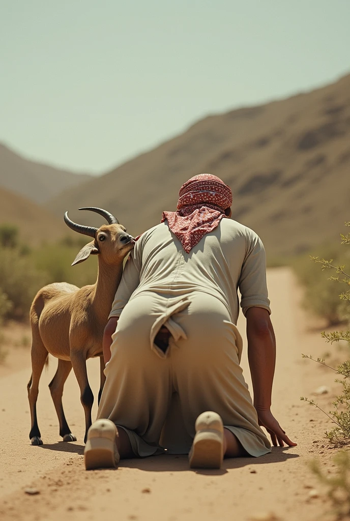Arabe a quatre pattes derrière une chèvre lui lèche les fesses
