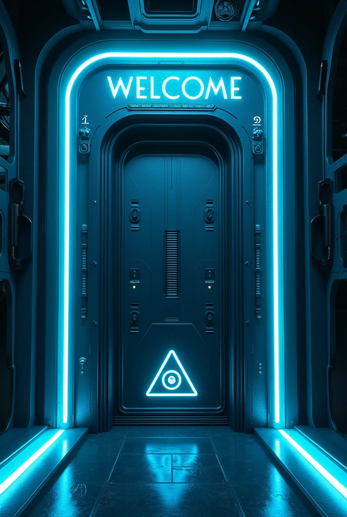 Imagine a futuristic door located in an environment reminiscent of a spaceship or an alien base. The door should be tall and narrow with a slightly pointed arch at the top, featuring a robust design with multiple metallic sections and reinforcements indicating a strong construction for high security or to withstand extreme environments. The predominant color of the door and the surroundings is a vibrant neon blue, illuminating the edges and contours of the door, creating an impressive visual effect that suggests advanced technology.
Incorporate blue lighting emanating from the floor and the edges of the door, illuminating the dark environment around it. Add alien symbols and texts on the door itself, including a symbol resembling a triangle with a circle on top, positioned on the lower central part of the door. Above the door, include the text 'WELCOME' in large, stylized letters, conveying a sense of invitation. At the bottom of the image, add the text 'MOD 01' to indicate the model or version of the door. The overall style should be highly detailed and ultra-realistic, emphasizing an aesthetic of advanced technology.