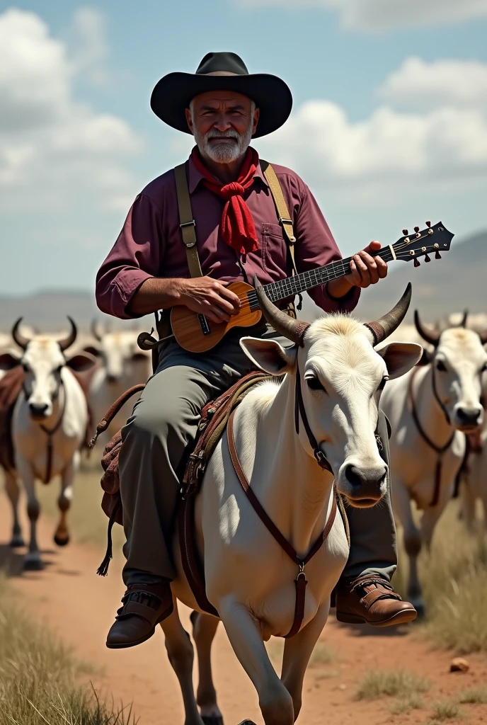 Typical Brazilian from the first half of the 20th century,drover riding a pack mule with saddlebags,playing white nelore cattle, wearing black curved wide brim hat, red silk scarf knotted around the neck, wine colored shirt, guaiaca with paired knife from Sorocaba, handmade wooden handle, playing loud, wearing gray wide-leg pants,brown russilhona ankle boot.