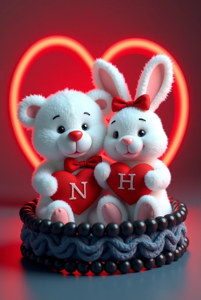 A 3D render of a white teddy bear and a white bunny rabbit wearing a red bow holding red hearts capital alphabets "N" and "H" written on hearts, are standing in a black beaded bracelet. The bracelet is sitting on a dark red and blue surface with a neon red heart shape in the background. The image is in the style of a cute cartoon.