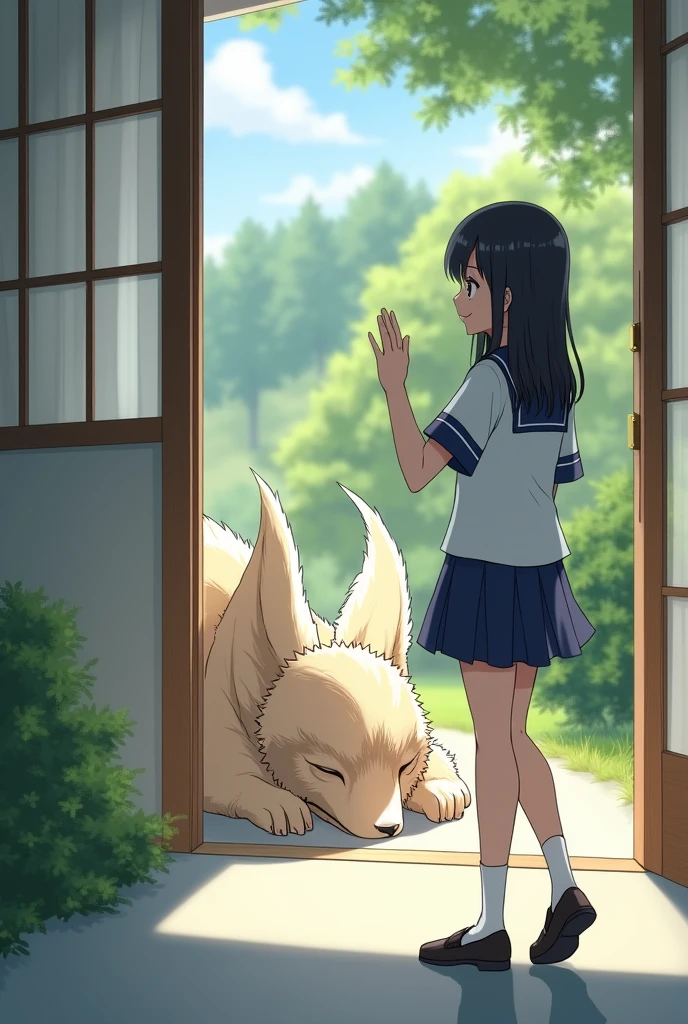 In the entrance of a house in modern Japan, a collared griffin is sleeping comfortably with its wings folded., A high school girl in uniform goes home with a smile, waving her hand