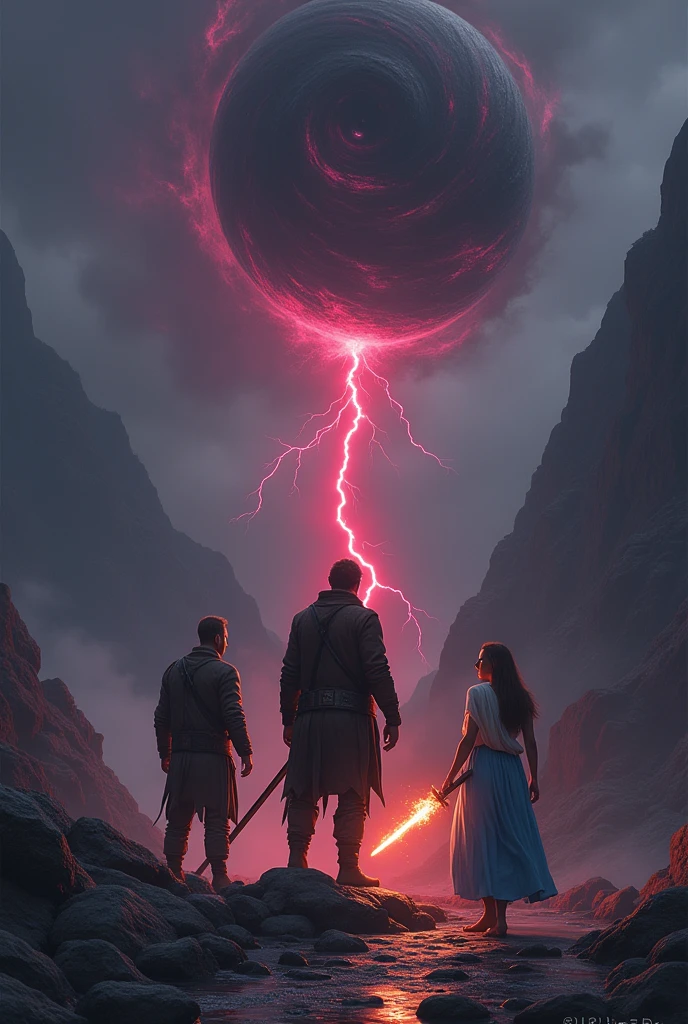 Une boule noire et violette tournoyante dans le ciel, avec un éclair rouge qui en sort. La boule n'est pas grosse puisqu'elle se situe loin des personnes.
Il y a trois personnes : two men from behind and a woman from behind too.
The larger of the two is in the center, avec une veste en cuir usée couleur marron. Il a le pied sur un rocher.
The other man is on his left and is a little shorter.. He has long hair and a long jacket that catches fire at the ends., et il a une épée en feu à la main. La fille à droite a une longue robe bleue avec un tissu blanc sur l'épaule. She walks in a puddle. 
Un seul éclair est rouge et immense en face d'eux.
Il n'y a pas de planète qui volent. They are located in the hollow of a mountain, where it is dark, simply lit by lightning. The view is from a little higher up. Les trois personnes ont entre 25 et 30 ans. The middle boy is muscular. The woman has a long blue dress, as in Greek times.