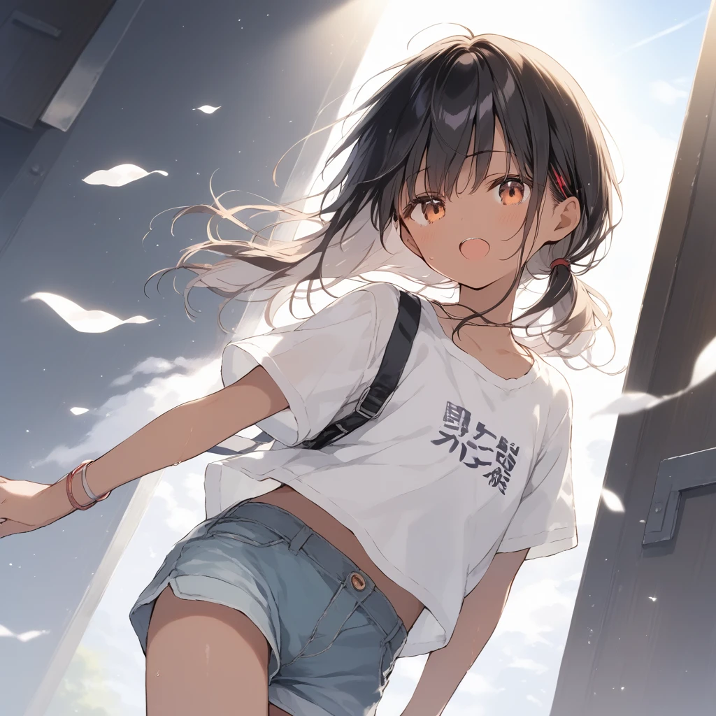 score_9, score_8_up, score_7_up, source_anime, best quality, masterpiece, official art, absurdres, highres, ultra-detailed,waifu2x,Collection: Slice of Life,break,1girl, tomboy, dark-skinned female, short hair, low ponytail, flat chest, beautiful detailed eyes, shorts, sweat, open mouth, (yawn:0.3), sleepily, outdoors, wind, (Detailed Lighting), (Detailed background),break,(clear line illustration:1.2), super detailed skin,very high resolution, very aesthetic, Best sexual lighting powered by famous artist, 8k, 16k, cute picture,beauty illustration,photoshop_(medium),,(Detailed Lighting),best anime 8k konachan wallpaper, pixiv contest winner, ((artist:takeuchi_takashi )),