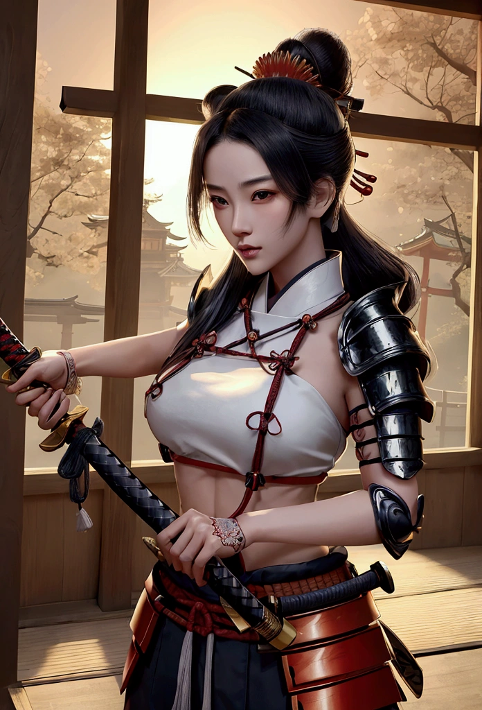 a beautiful samurai woman,crop top showing navel,holding a Japanese katana sword,wearing a traditional Japanese samurai hat,detailed facial features,intricate armor,ancient Japanese architecture background,cinematic lighting,highly detailed,photorealistic,8k,dramatic pose,vibrant colors,strong chiaroscuro,mystical atmosphere