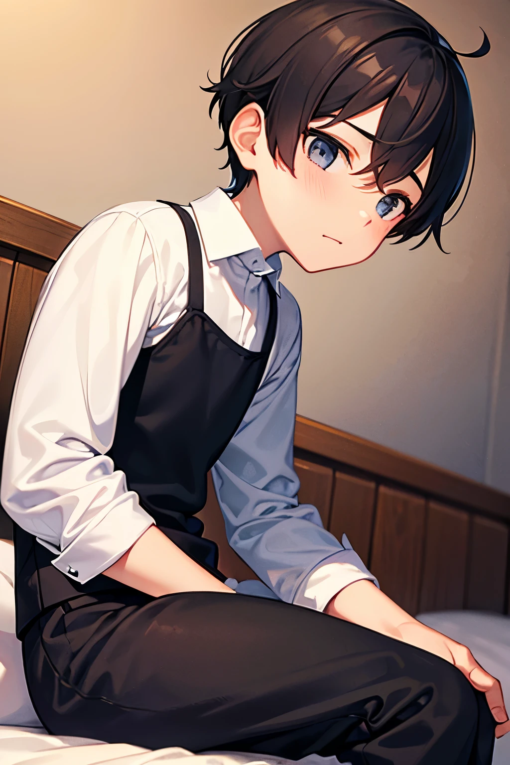 a boy sitting in a bedroom, wearing a white sleeve shirt and black long underwear, viewed from the side,