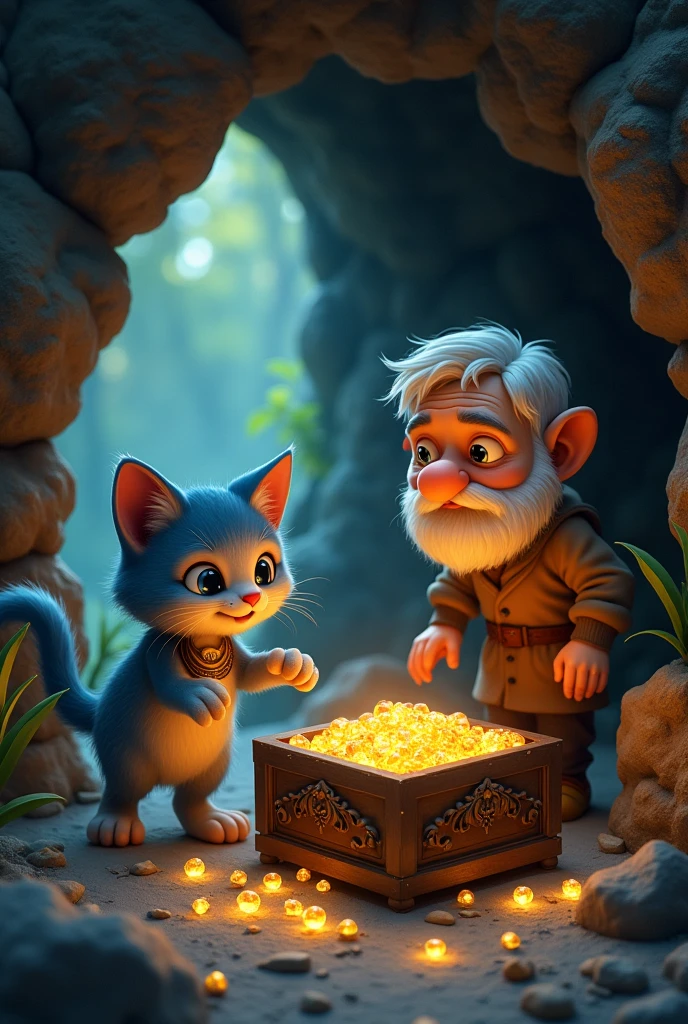 A cute little kitten with blue color going to a cave with a poor old man with small French beard in brown clothes in they found a big brown box full of gems ai image