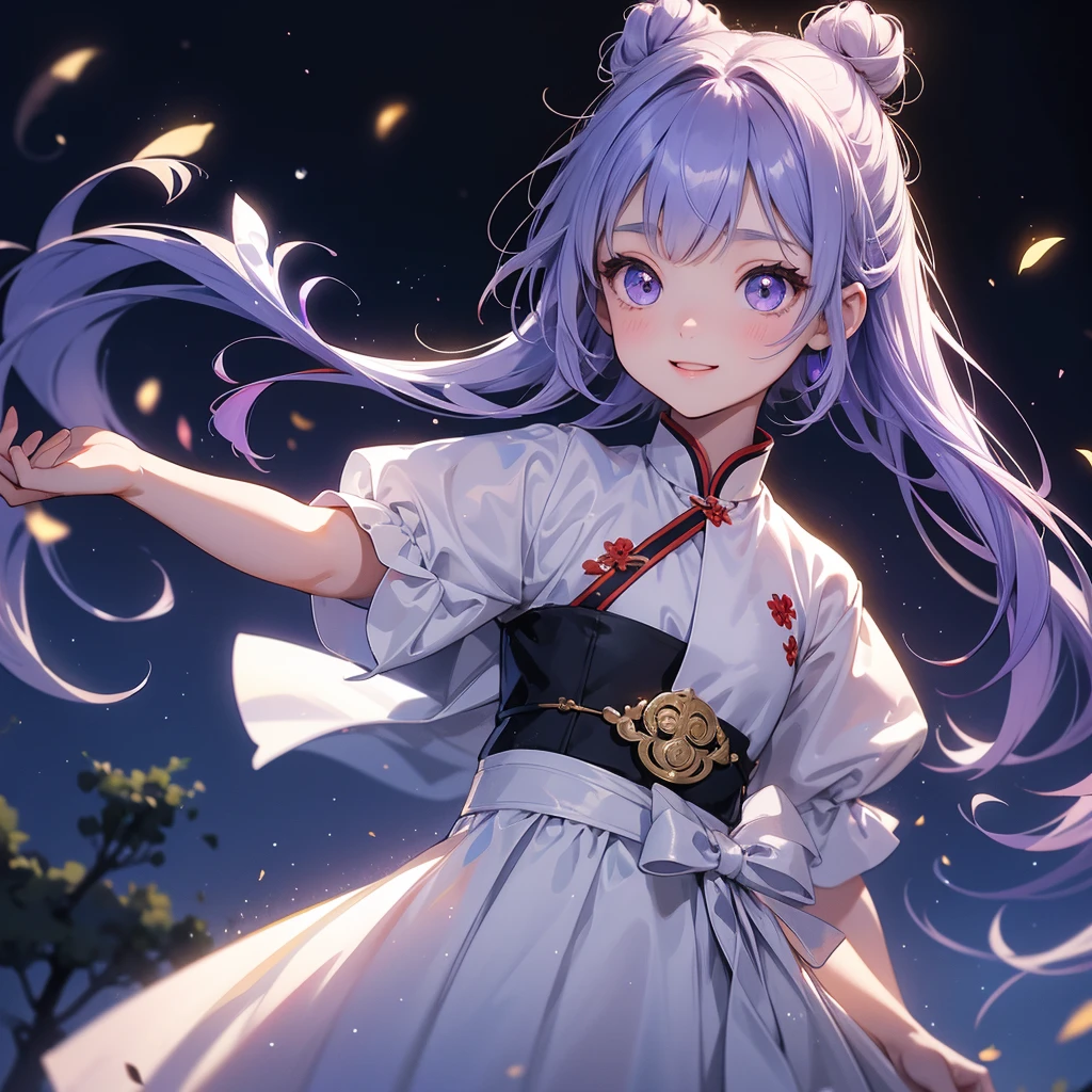 A chibi child girl had a small face and Wearing white little Taoist priest's outfit. A pair of big round eyes shone with curiosity about him. This child was so cute, Background is a dark moonless night, with dry trees in the background, and purple glowing light

her hair is black with two buns on her hair.small chibi, chibi baby, smiling ,Chibi.

