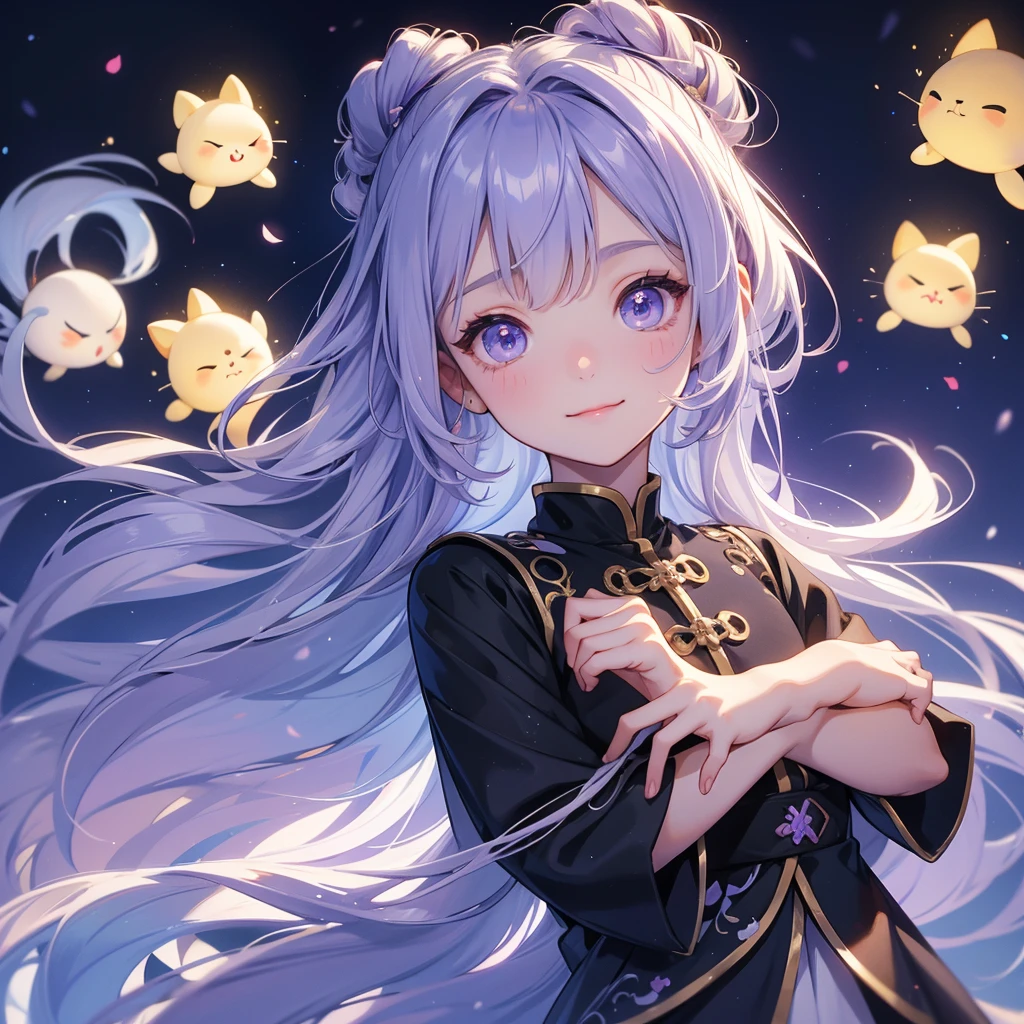 A chibi girl had a small face and Wearing white little Taoist priest's outfit. A pair of big round eyes shone with curiosity about him. This childso cute, Background is a dark moonless night, with dry trees in the background, and purple glowing light
her hair is black with two buns on her hair.small chibi, chibi baby, smil,Chibi.