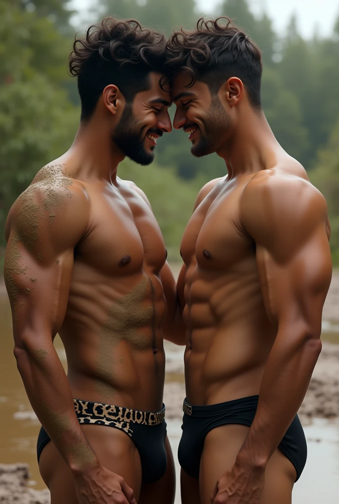 A Indian   boy having curly hair, {age 18} ,green eyes,white skin face and dark skin body, smily face , six pack abs,  muscular legs,  vieny hands , some hair on abs , wearing a black court , and  lepord style underwear, and seating on a muddy land,  some mud on his abs , showing his six pack abs , and doing sex with a gay Russian boy showing his six pack abs wearing no clothes,  na panties 