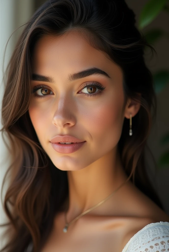 Generate an ultra-realistic image of a beautiful young woman aged between 22-25 with Arabic features, focusing only on her face. She should have natural skin texture, expressive dark eyes, and detailed facial features. Her hair should look naturally styled, and makeup should be minimal to enhance her real-life appearance. The lighting should mimic natural daylight to add depth and authenticity, making her look like a real person captured in a high-quality photo.