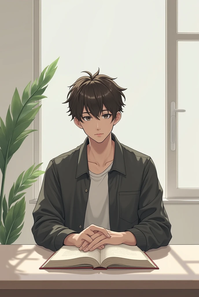One young man sitting on the table looking camera,