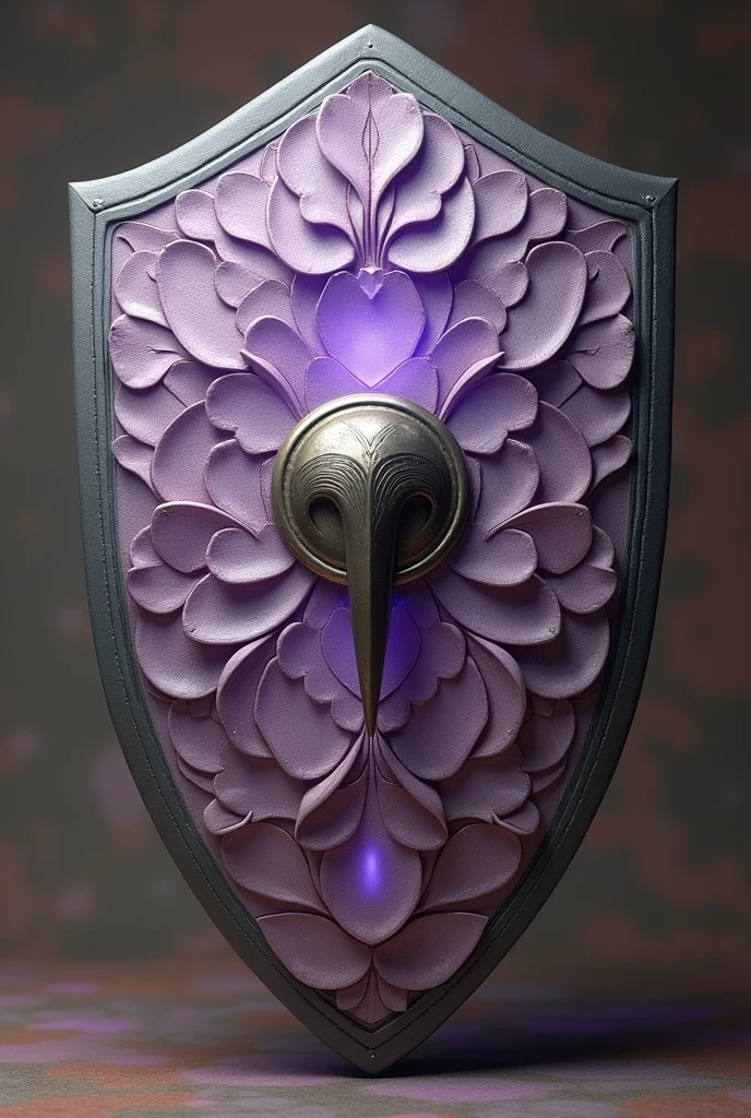 Imagine a sturdy, elegant petal shield with intricate, overlapping flower patterns in soft, muted colors, and a strong, curved handle wrapped in supple leather, with a subtle sheen and texture, set against a muted, earthy background, make the flowers on shield emit a purple aura and make a dragons nail in middle of it