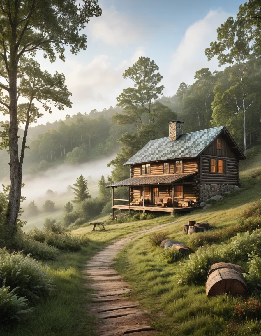 "Describe the view from a rustic hunting cabin nestled in the woods, with rolling hills and a misty forest stretching into the distance. Include details about the cabin's surroundings and the natural landscape."