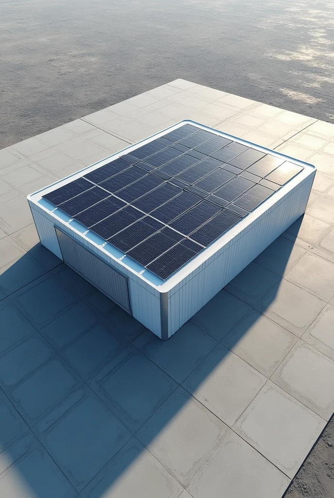 Draw a rectangular shed measuring 8 meters x 15 meters, within a fully paved terrain, 12 meters X 25 meters.
Place Solar Panels on the entire Shed Roof in a modern and clean style, use uniform rectangles and a pattern that suggests high technology,