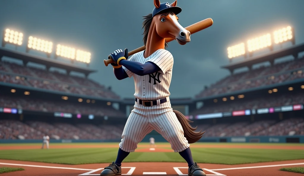 Baseball horse player with bat in toe, ready to take a swing, upright in Yankees Uniform