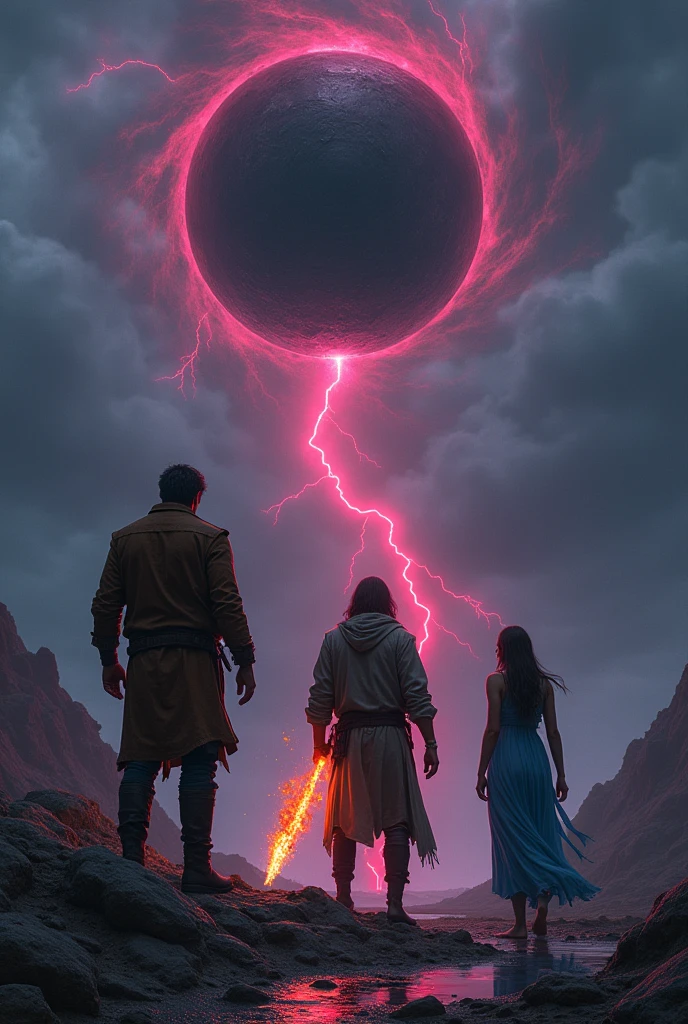Une boule noire et violette tournoyante dans le ciel, avec un éclair rouge qui en sort. La boule n'est pas grosse puisqu'elle se situe loin des personnes.
Il y a trois personnes : two men from behind and a woman from behind too.
The larger of the two is in the center, avec une veste en cuir usée couleur marron. Il a le pied sur un rocher.
The other man is on his left and is a little shorter.. He has long hair and a long jacket that catches fire at the ends., et il a une épée en feu à la main. La fille à droite a une longue robe bleue avec un tissu blanc sur l'épaule. She walks in a puddle.
Un seul éclair est rouge et immense en face d'eux.
Il n'y a pas de planète qui volent. They are located in the hollow of a mountain, where it is dark, simply lit by lightning. The view is from a little higher up. Les trois personnes ont entre 25 et 30 ans. The middle boy is muscular. The woman has a long blue dress, as in Greek times.