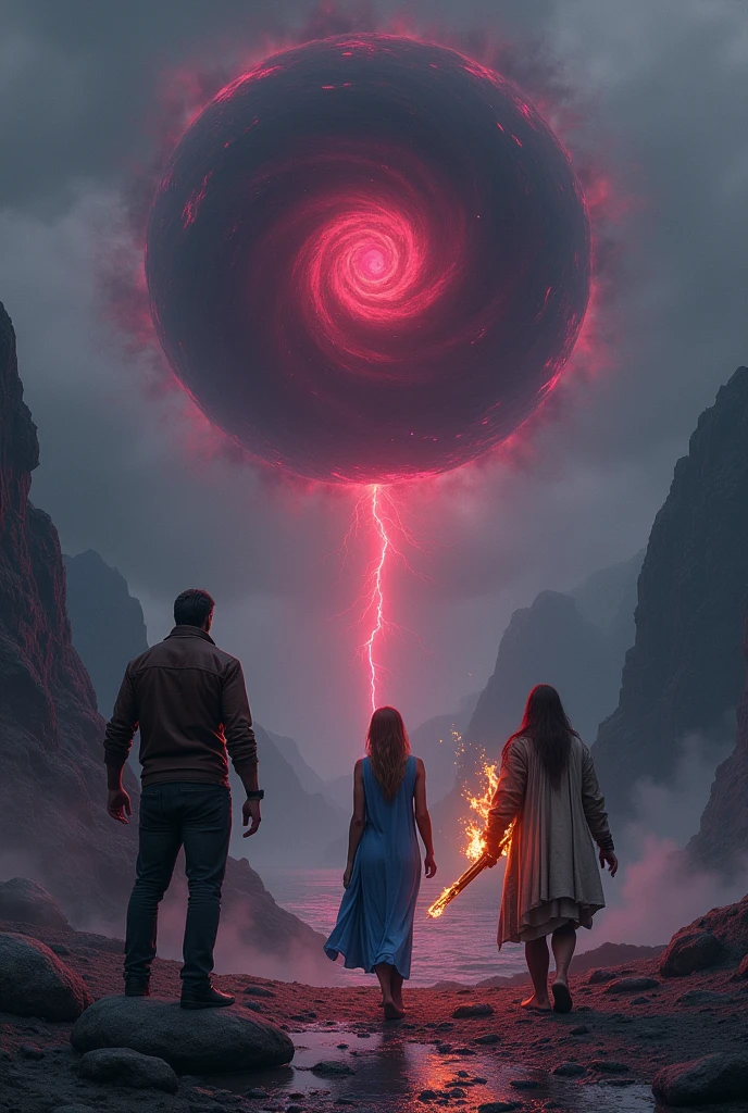 Une boule noire et violette tournoyante dans le ciel, avec un éclair rouge qui en sort. La boule n'est pas grosse puisqu'elle se situe loin des personnes.
Il y a trois personnes : two men from behind and a woman from behind too.
The larger of the two is in the center, avec une veste en cuir usée couleur marron. Il a le pied sur un rocher.
The other man is on his left and is a little shorter.. He has long hair and a long jacket that catches fire at the ends., et il a une épée en feu à la main. La fille à droite a une longue robe bleue avec un tissu blanc sur l'épaule. She walks in a puddle.
Un seul éclair est rouge et immense en face d'eux.
Il n'y a pas de planète qui volent. They are located in the hollow of a mountain, where it is dark, simply lit by lightning. The view is from a little higher up. Les trois personnes ont entre 25 et 30 ans. The middle boy is muscular. The woman has a long blue dress, as in Greek times.