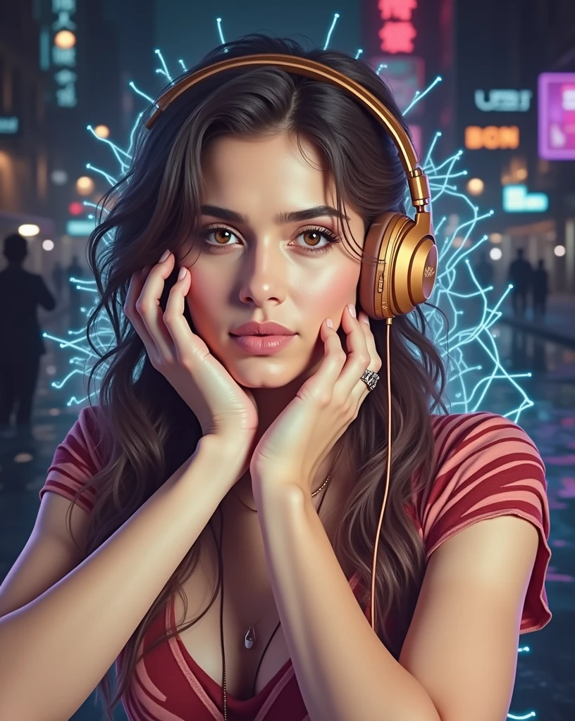 Sonam Kapoor look a like, glowing wires, headphone, dark city, reflective puddles, neon signs,, Photorealistic, Hyperrealistic, Hyperdetailed, analog style, soft lighting, subsurface scattering, realistic, heavy shadow, masterpiece, best quality, ultra realistic, 8k, golden ratio, Intricate, High Detail, film photography, soft focus, RAW candid cinema, 16mm, color graded portra 400 film, remarkable color, ultra realistic,