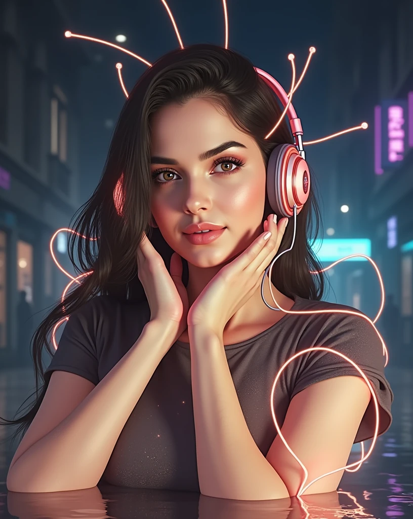 Sonam Kapoor look a like, glowing wires, headphone, dark city, reflective puddles, neon signs,, Photorealistic, Hyperrealistic, Hyperdetailed, analog style, soft lighting, subsurface scattering, realistic, heavy shadow, masterpiece, best quality, ultra realistic, 8k, golden ratio, Intricate, High Detail, film photography, soft focus, RAW candid cinema, 16mm, color graded portra 400 film, remarkable color, ultra realistic,