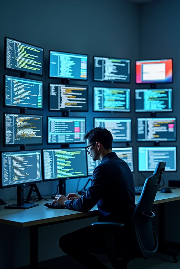 One coder .10 monitors attached to a large wall