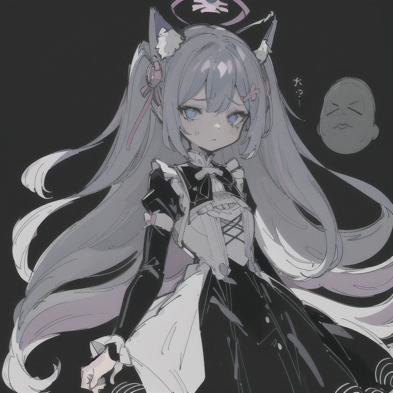 a drawing of a girl with long hair and a bow, , anime girl with cat ears,  in dress, extremely cute anime girl face, anime moe artstyle, with a sad expression, she has a cute expressive face, rem rezero, tired and haunted expression, small  girl, & her expression is solemn, tired haunted expression