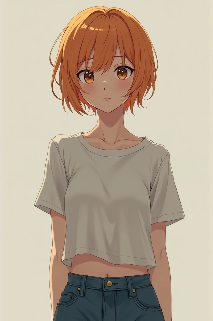Tall anime girl with short light orange hair. She seems uncomfortable. She is wearing jeans and a shirt. She is very skinny.