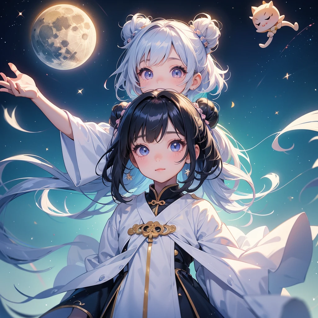 A chibi child girl had a small face and Wearing white little Taoist priest's outfit. A pair of big round eyes shone with curiosity about him. This child was so cute, Background is a dark night, with moonlight and millions of stars, twinkling everywhere, with blue light
her hair is black with two buns on her hair.small chibi, chibi baby, smiling ,Chibi.