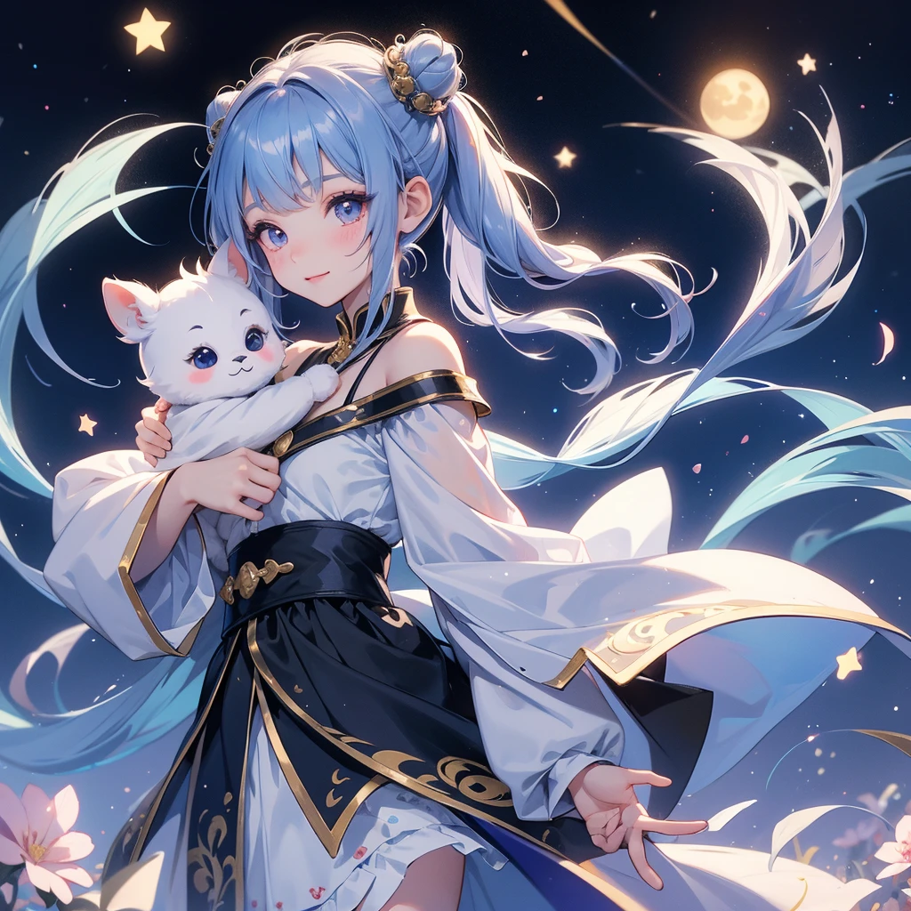 A chibi girl had a small and Wearing white little Taoist priest's outfit. A pair of big round eyes shone with curiosity about him. This child was te, Background is a dark night, with moonlight and millions of stars, twinkling everywhere, with blue light
her hair is black with two buns on her hair.small chibi, chaby, smiling ,Chibi