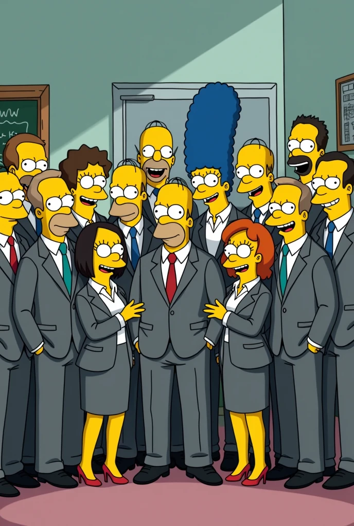 group of 44 teachers, men and women with a positive attitude, with a Simpsons theme, wearing gray suits, in horizontal format