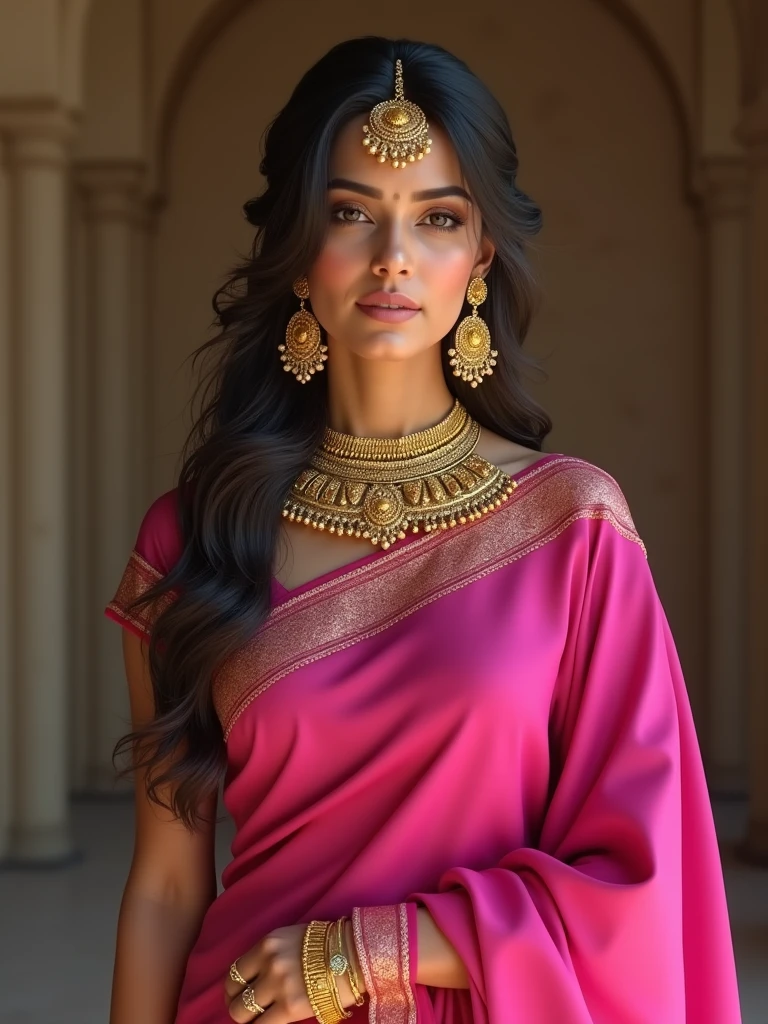 Ek Stri Khadi Hogi Uske Jewellers Golden Hai Sadi ka rang pink hai full image quality mid journey4K 8k