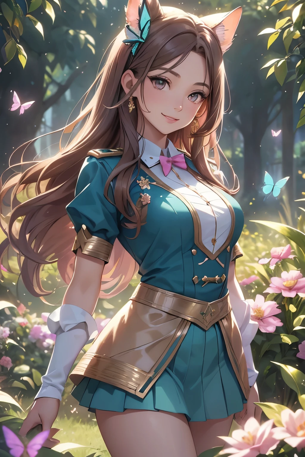 (best quality,4k,8k,highres,masterpiece:1.2),ultra-detailed,(realistic,photorealistic,photo-realistic:1.37),acrylic painting,beautiful Brazilian model in a uniform outfit with downy hair,beautiful Brazilian model with extremely colorful brown hair and detailed facial features,beautiful Brazilian model standing in a beautiful garden sakura flowers, long hair,cat ears, hair bows, uniform blue and pink outfits, smile, happy face,light brown hair,butterflies, brown eyes, mature woman, older woman, 30 year old, adult woman. Older lady