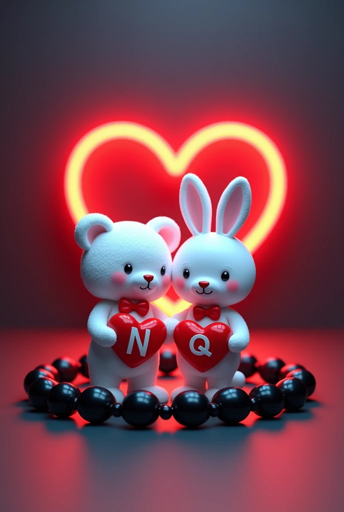 A 3D render of a white teddy bear and a white bunny rabbit wearing a red bow holding red hearts capital alphabets "N" and "Q" written on hearts, are standing in a black beaded bracelet. The bracelet is sitting on a dark red and blue surface with a neon red heart shape in the background. The image is in the style of a cute cartoon.