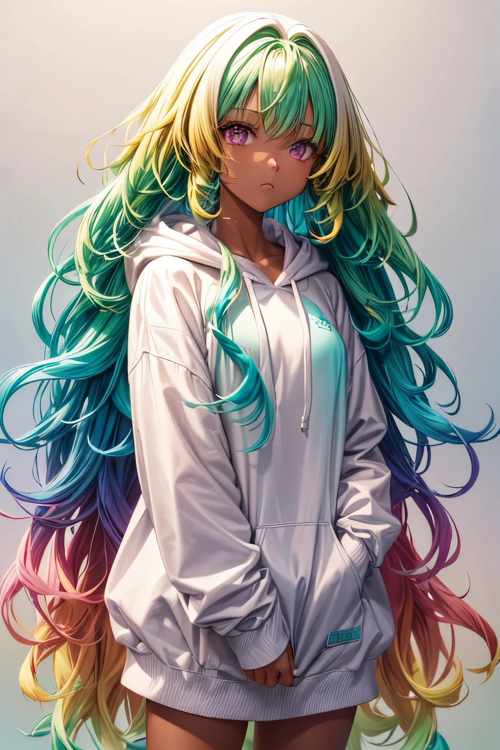 1 girl, alone, alone focus, Cowboy shooting, portrait, oversized hoodie, Aqua and white hoodie, Semi-aqua, half green, ((brown hair)), (Yellow hair), (gradient hair :1.5), curls, ((pink eyes)), Super detailed eyes, tanning, (Caramel dark skin:1.1), best quality, Super detailed, White background, Simple background